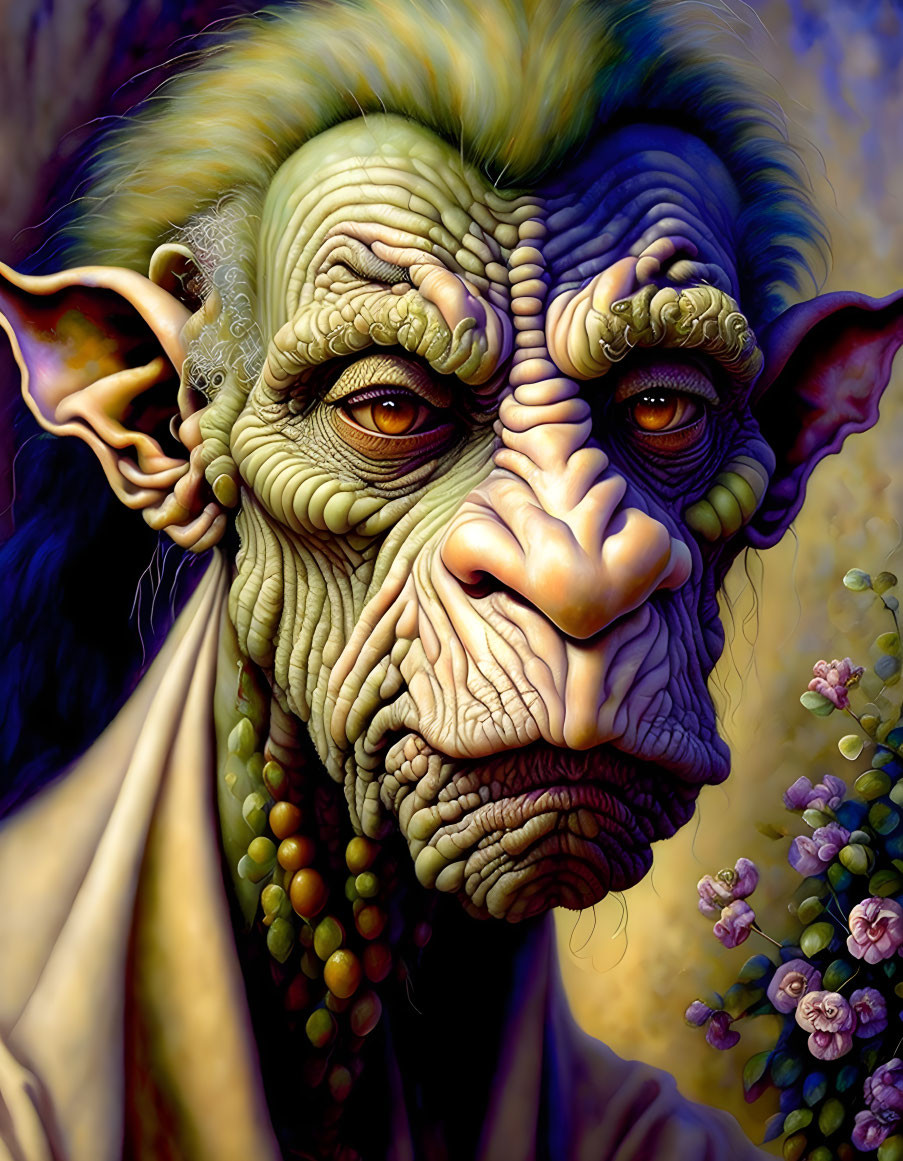 Elderly humanoid fantasy creature with green skin and pointed ears