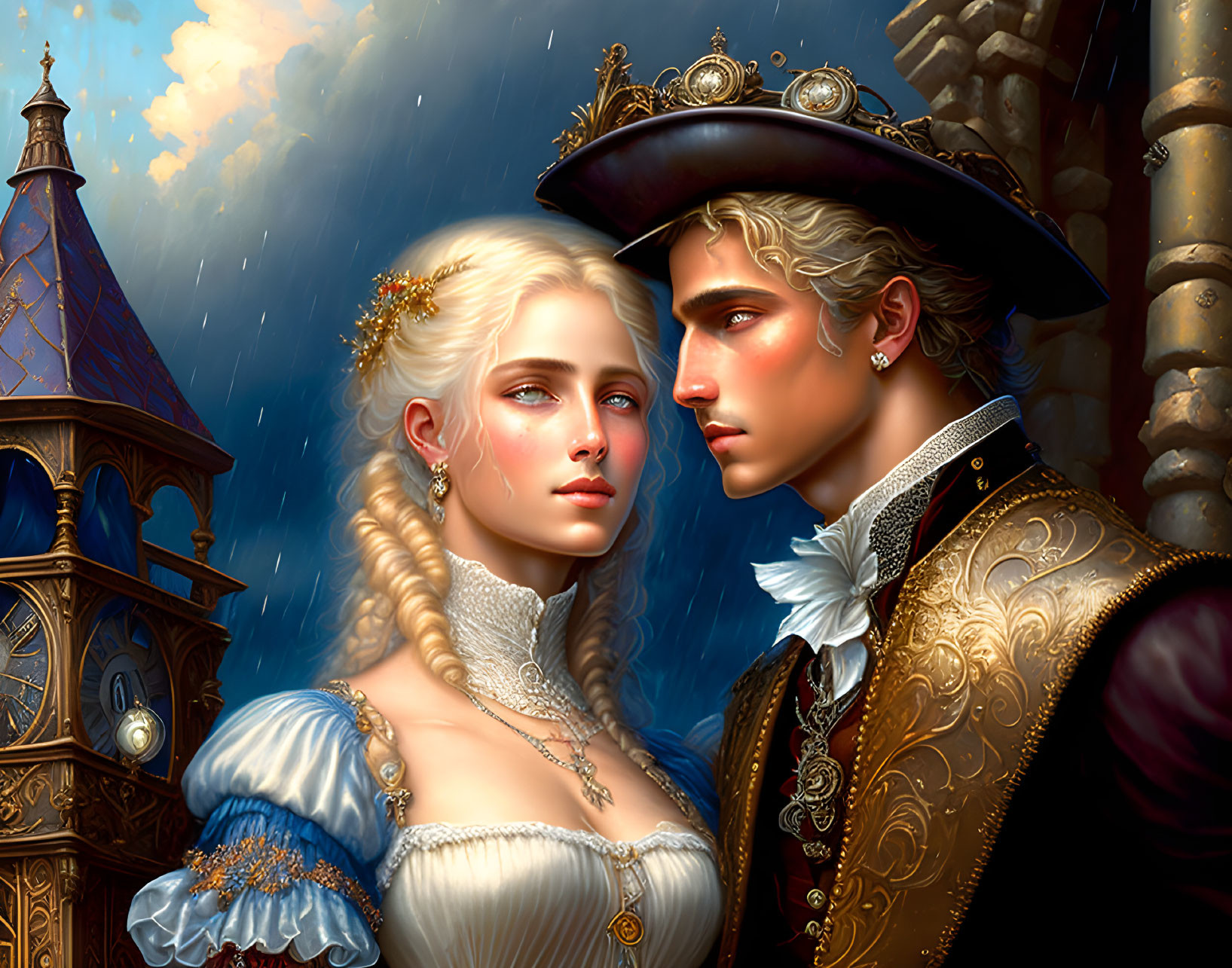 Renaissance noble couple in elaborate attire with clock tower in dusky sky