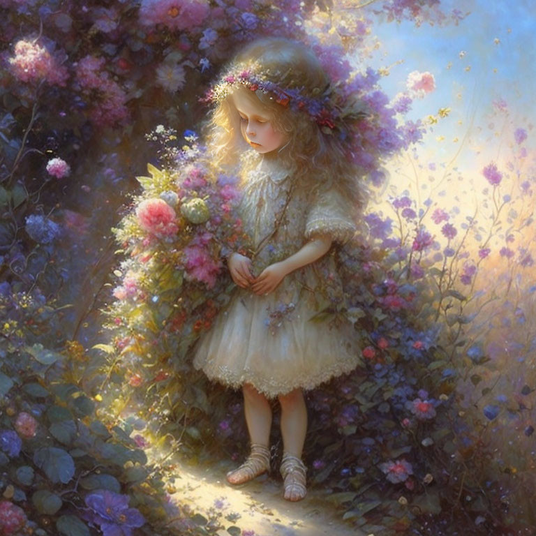 Young girl in vintage dress surrounded by blooming garden and flower wreath in soft light