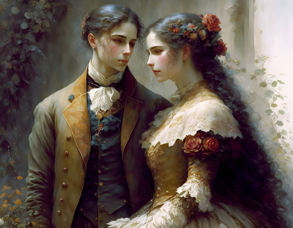 Victorian-era couple painting with romantic ambiance