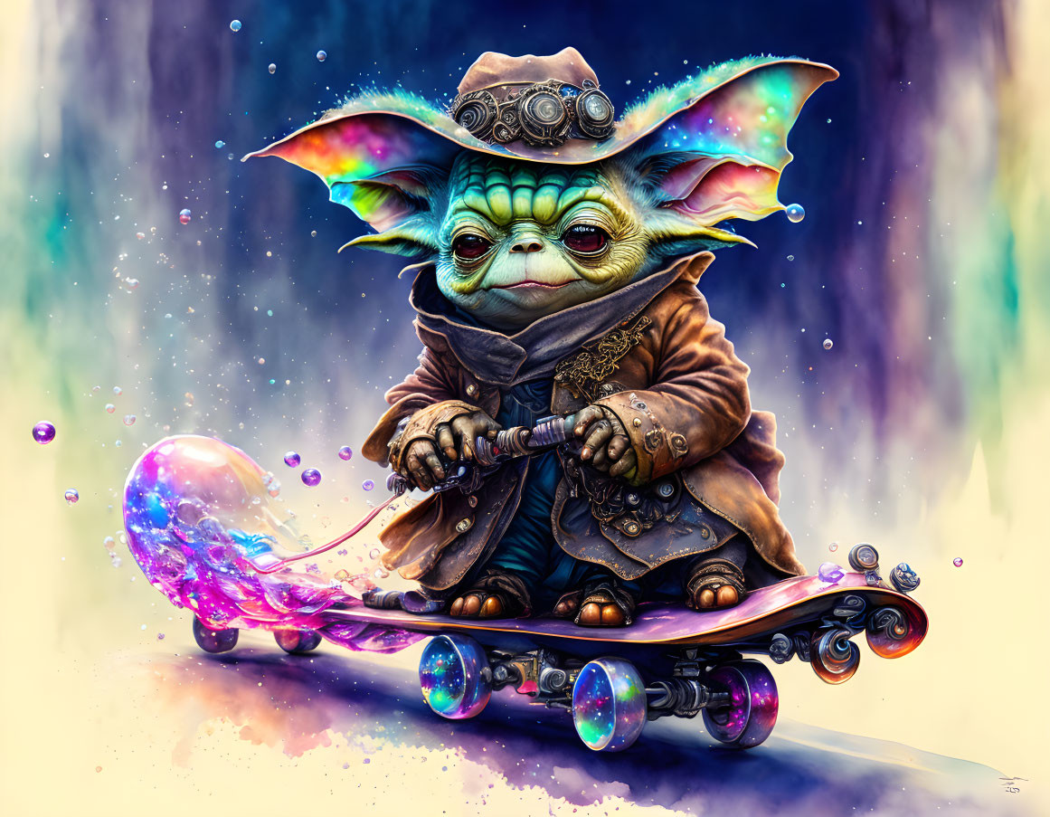 Whimsical character on hoverboard in galaxy setting