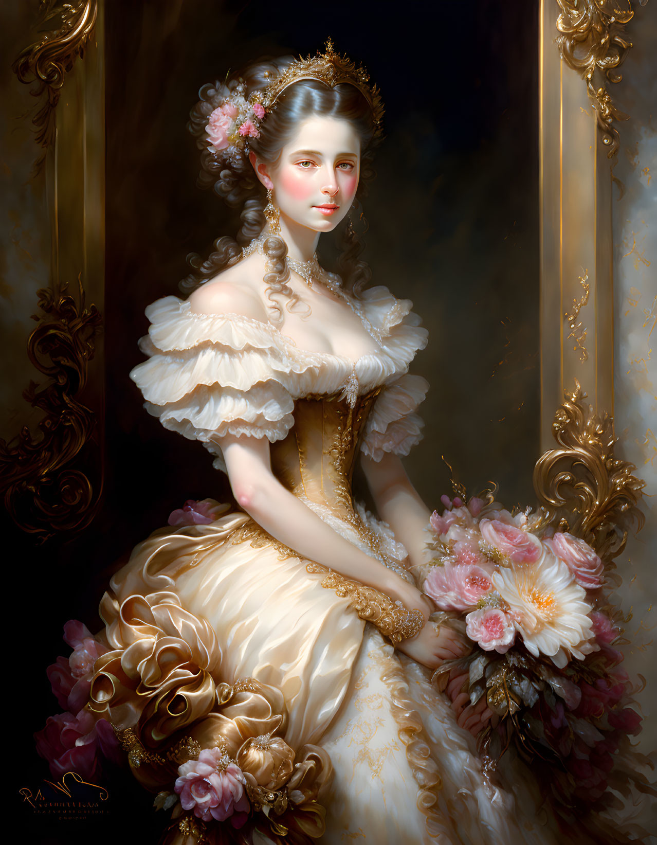 Woman in White and Gold Dress with Pink Flowers Bouquet