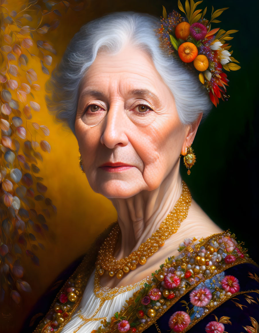 Elderly Woman with White Hair in Floral Headpiece and Beaded Necklace on Golden Yellow Background