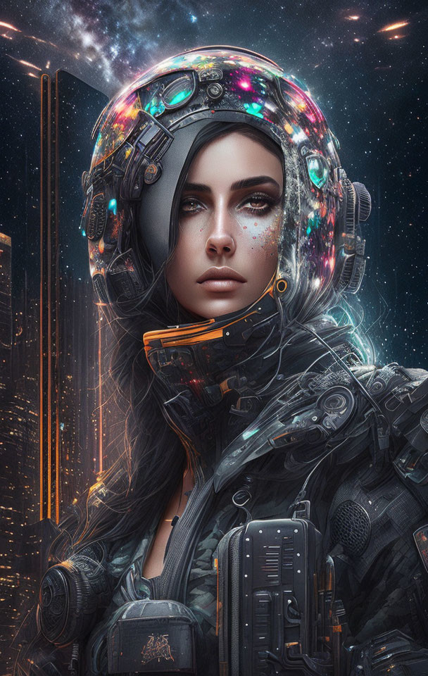 Dark-haired woman with cosmic freckles in futuristic helmet against city and starry sky.