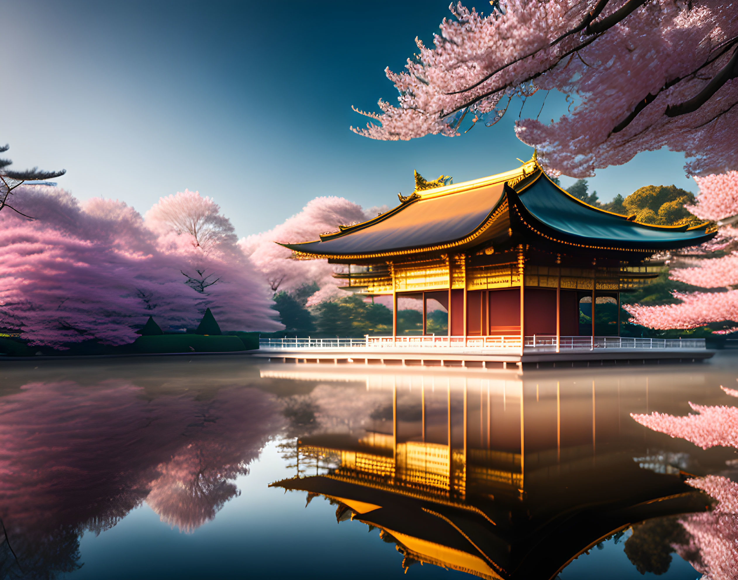 Traditional Japanese Pavilion Reflected in Lake with Cherry Blossoms