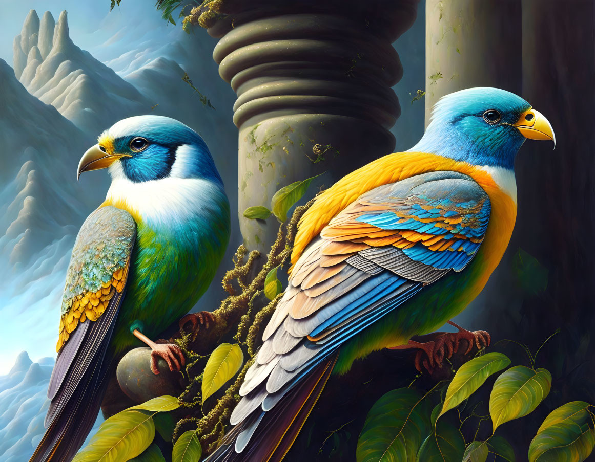 Colorful birds on branch with classical columns and mountains