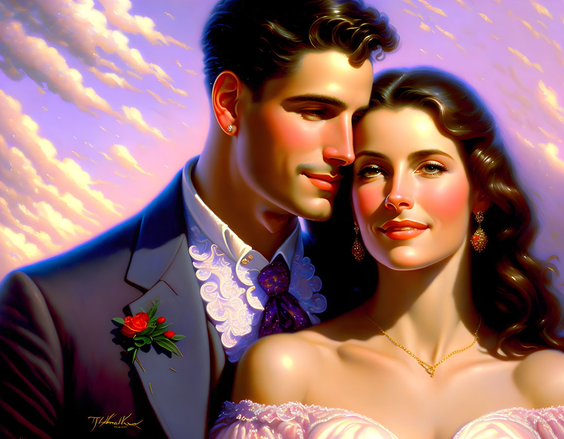 Romantic illustration of man and woman in suit and dress with sunset-tinted clouds