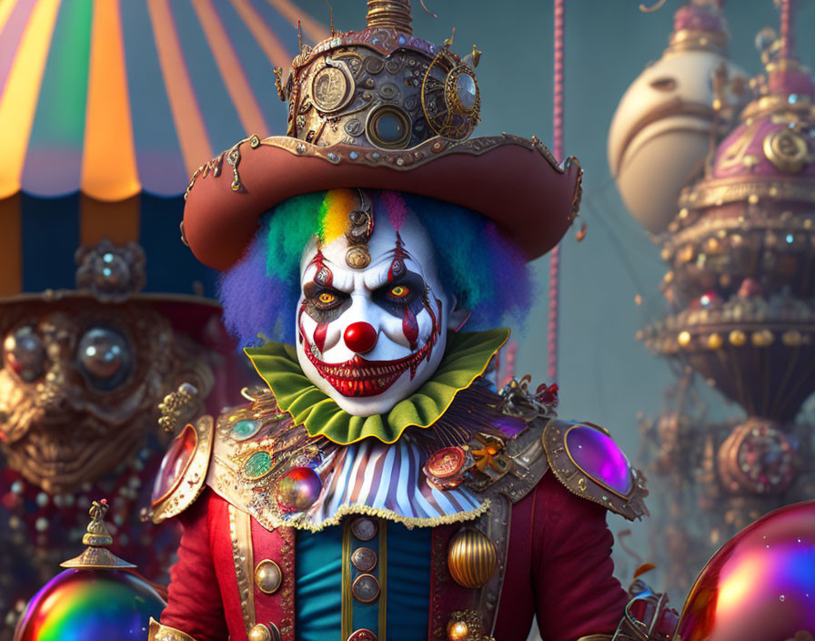 Colorful Steampunk Clown 3D Rendering with Airships