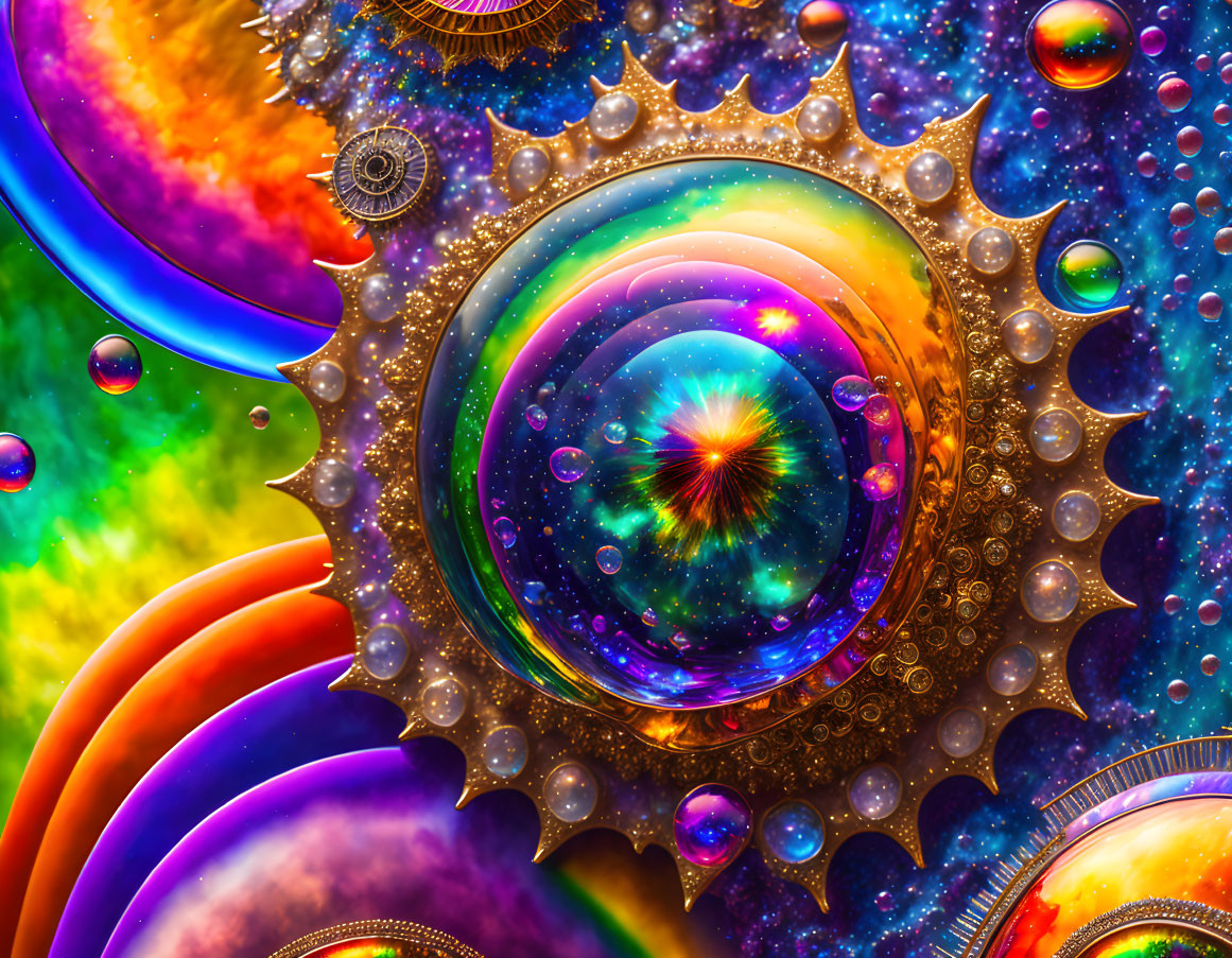 Colorful Fractal Artwork: Central Sphere, Swirling Patterns, Rainbow Background