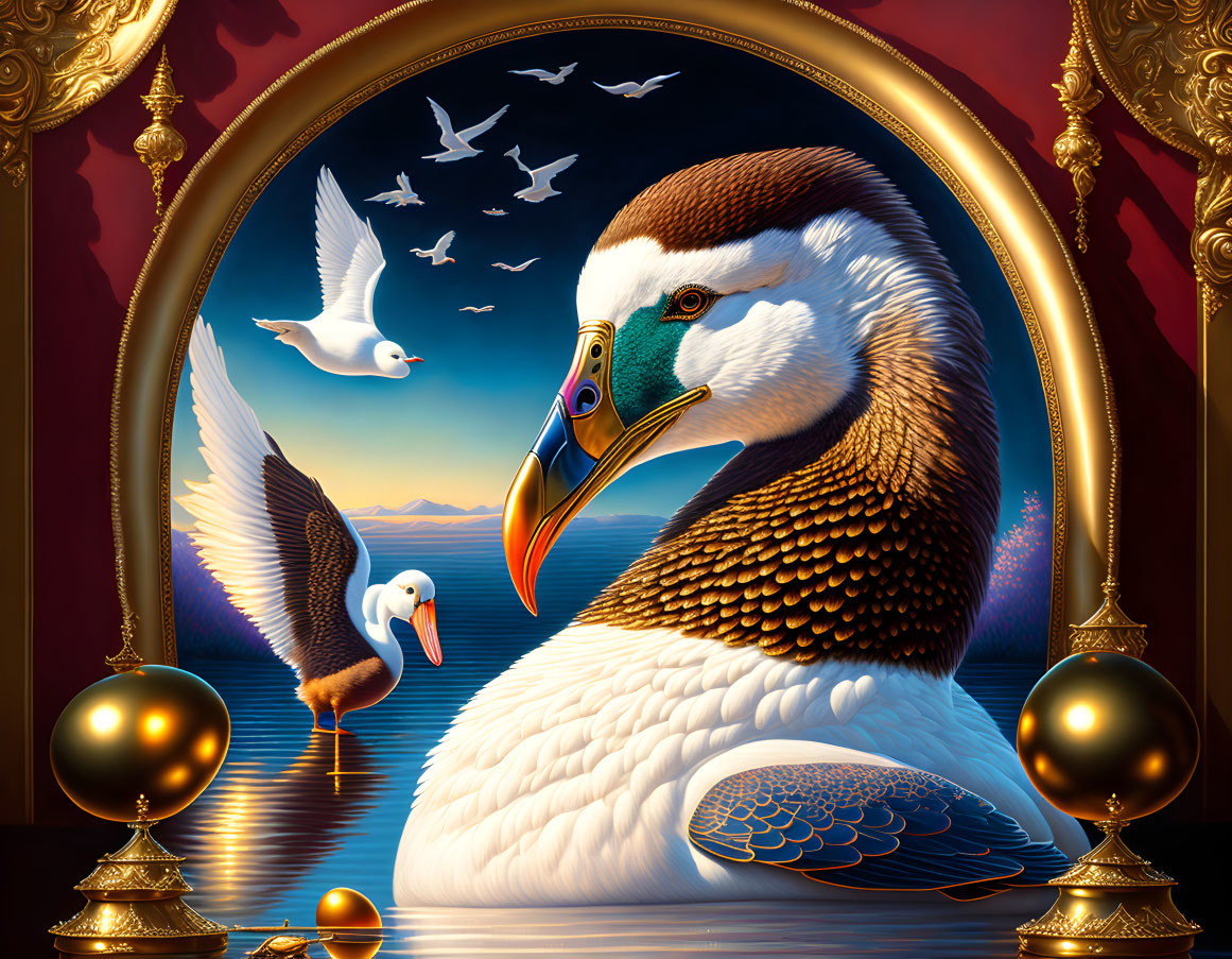 Majestic duck with elaborate feathers in baroque gold frame among birds in flight