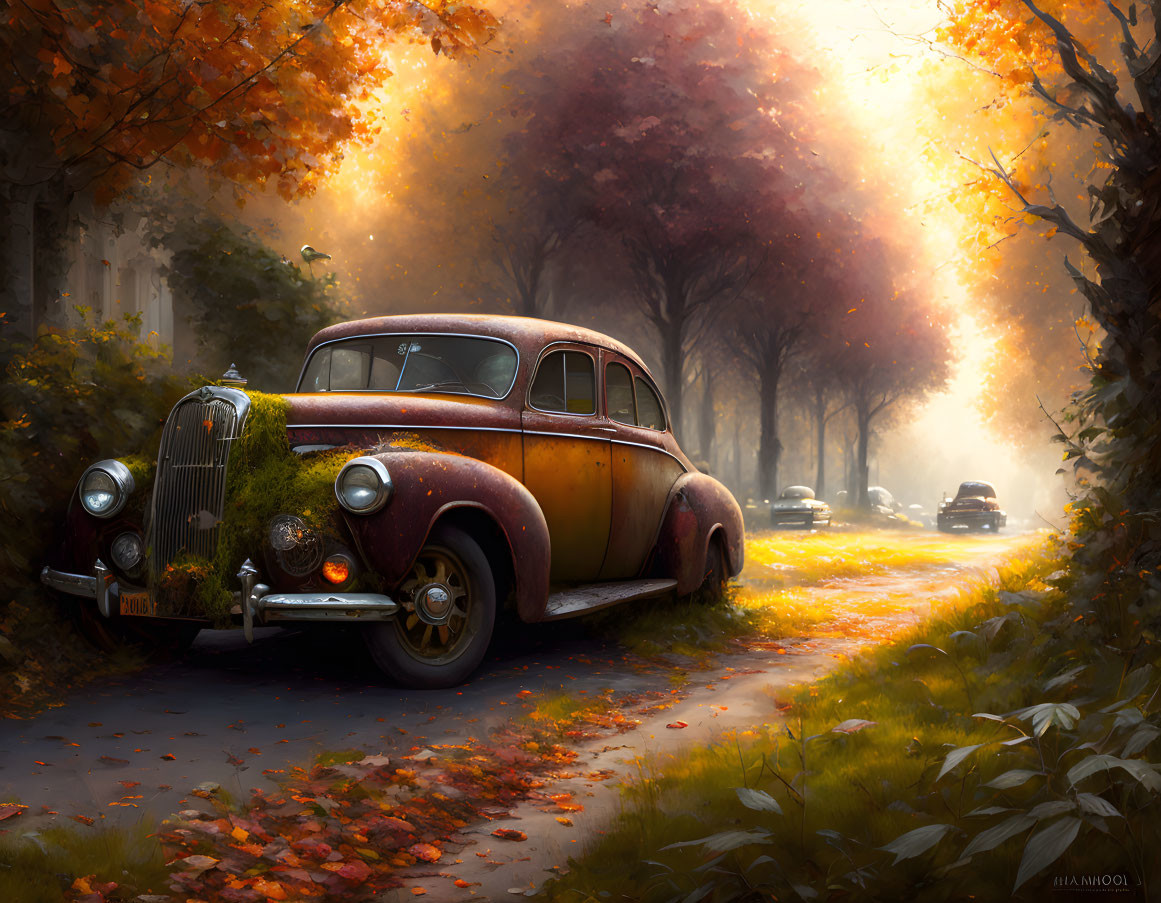 Vintage Car Parked on Misty Autumn Road with Golden Leaves