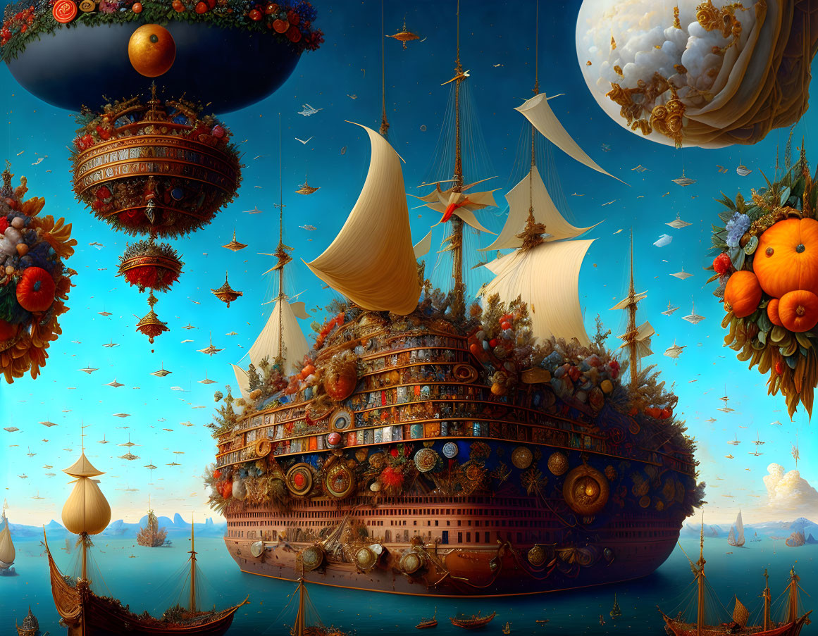 Fantastical ship carrying lush forest and flying ships in vibrant sky.