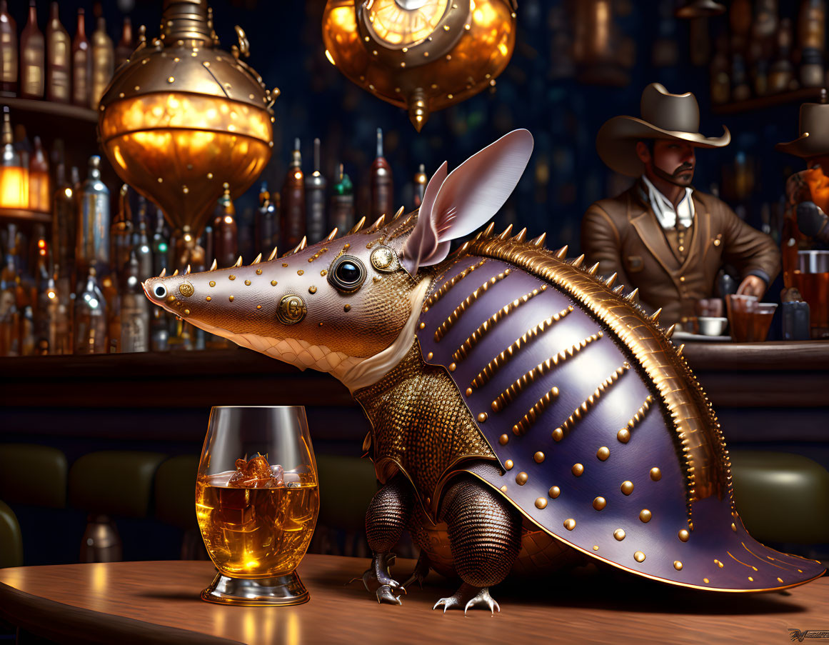 Steampunk-style armadillo at bar with whiskey and cowboy bartender