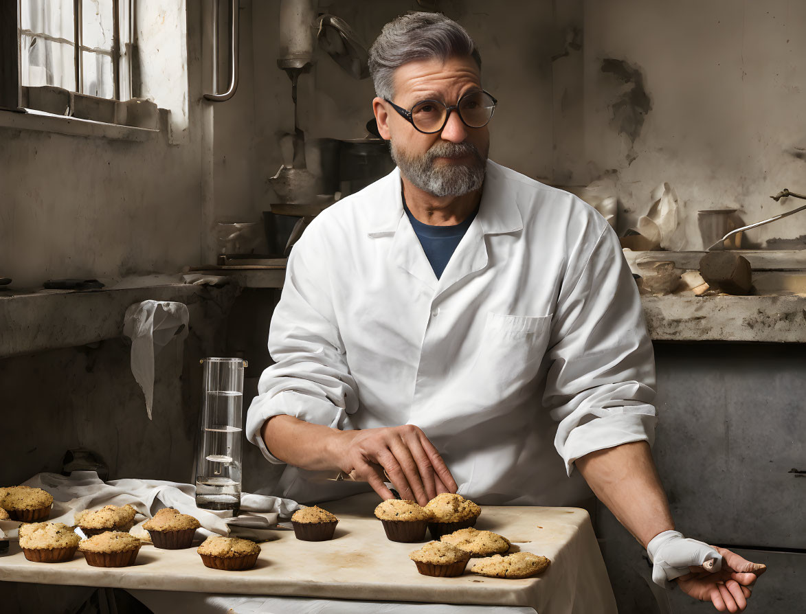 Bearded man in lab coat arranging muffins on rustic kitchen table