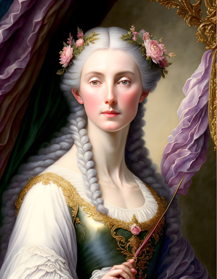 Portrait of Woman with Gray Braided Hair and Pink Flowers, White Dress, Holding Mirror