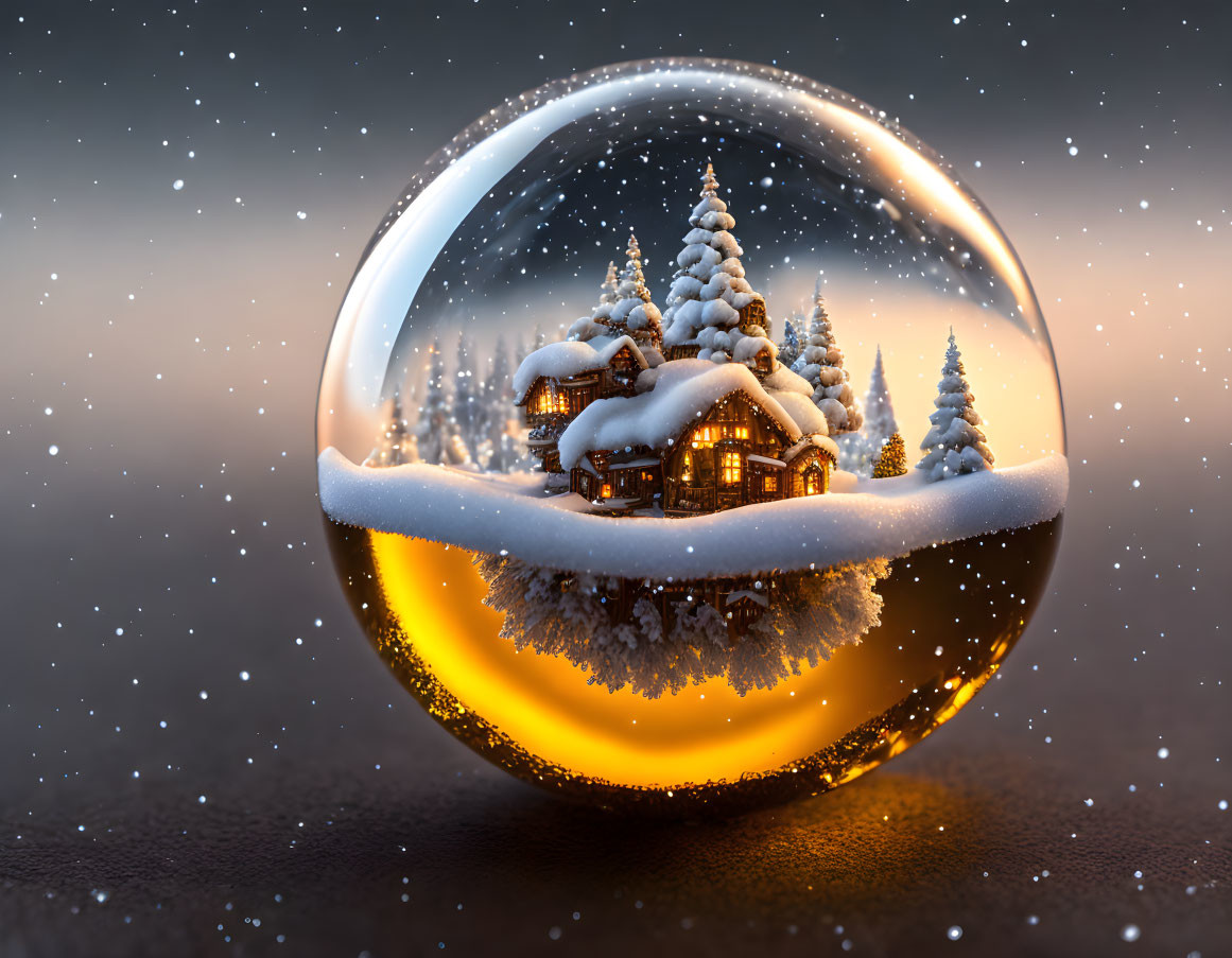 Snow-covered cabin and trees in a winter snow globe scene