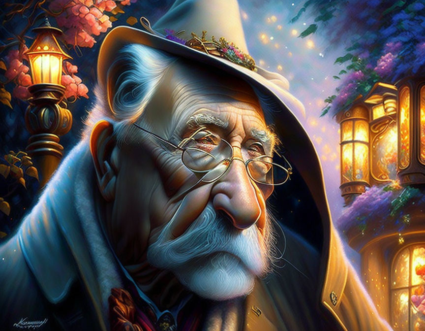 Elderly Man with Glasses, Beard, and Floral Hat in Lantern-Lit Setting