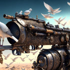 Steampunk-style cannon with intricate decorations amidst flying doves in cloudy sky