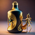 Perfume bottle with woman's face design and elegant female figure on lightning bolt backdrop