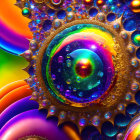 Colorful Fractal Artwork: Central Sphere, Swirling Patterns, Rainbow Background