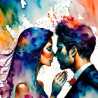 Colorful Watercolor Painting of Couple About to Kiss