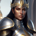 Woman in Silver and Gold Armor with Regal Helmet Portrait