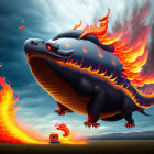 Gigantic fiery dragon dwarfs car in dramatic landscape