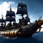 Steampunk-style battleship with masts and sails on turbulent sea