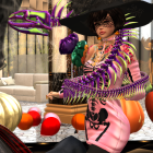 Purple makeup witch with pumpkins and bubbles in candlelit Halloween scene