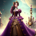 Regal lady in ornate purple gown before fantastical floating city.