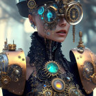 Steampunk-themed woman with intricate goggles and mechanical shoulder pieces.