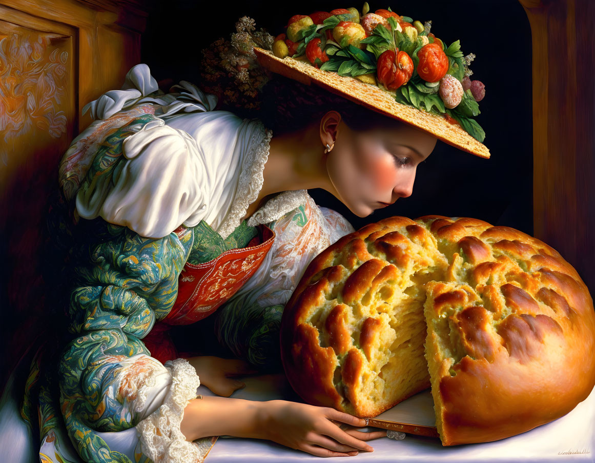 Traditional Dress Woman Admiring Braided Loaf and Fruit Basket