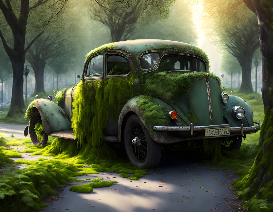 Abandoned moss-covered car in serene sunlit forest