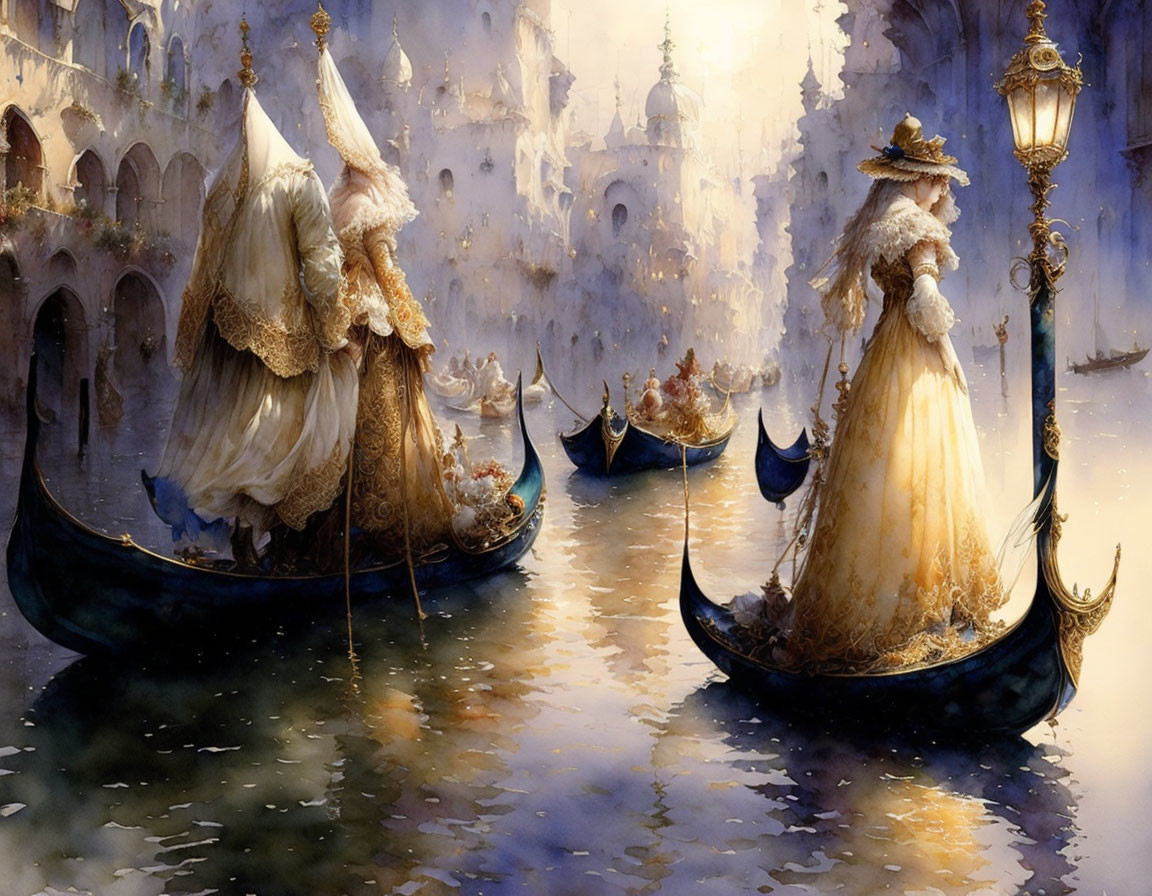 Venetian canal scene with gondolas and elegant figures in golden light