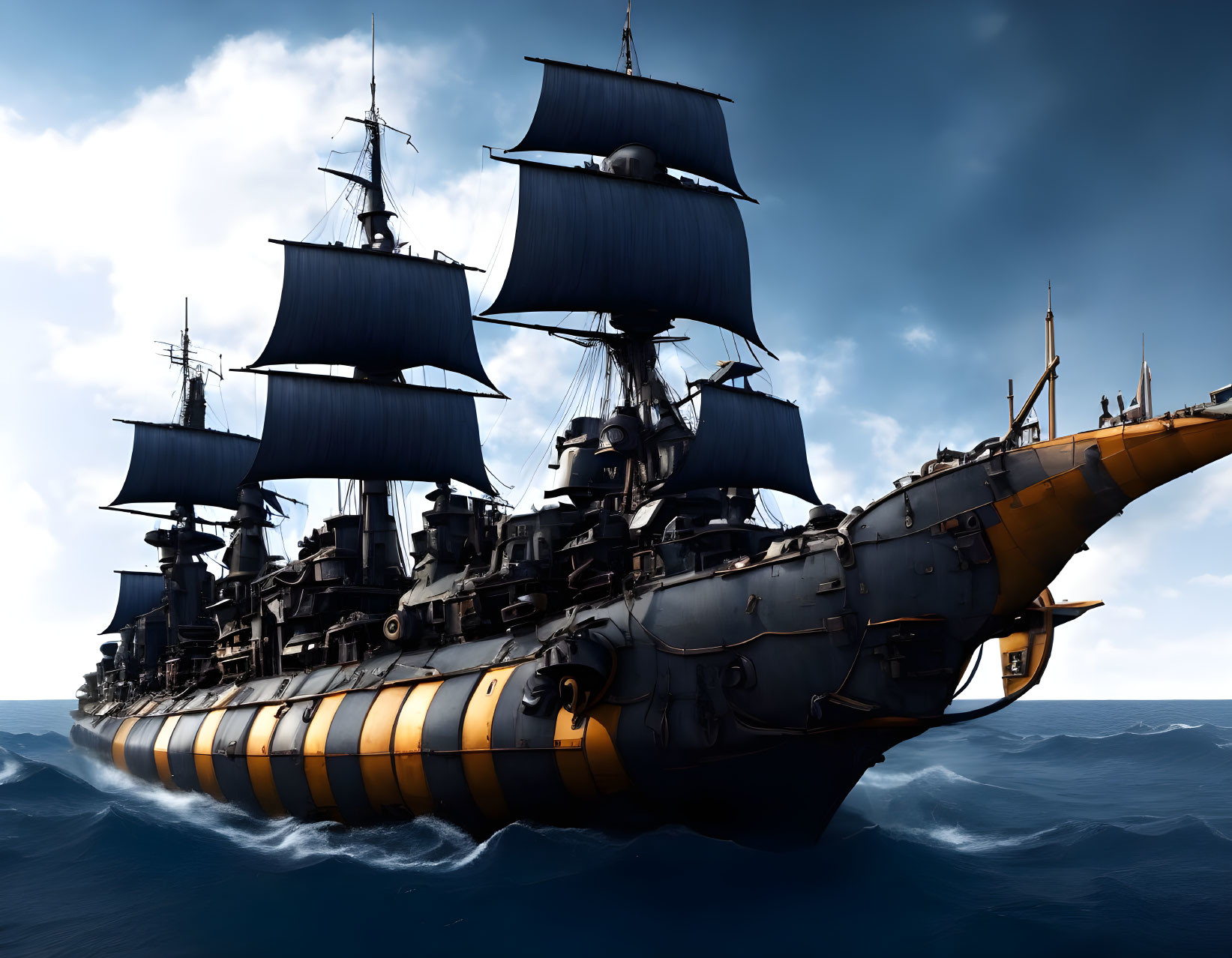 Steampunk-style battleship with masts and sails on turbulent sea