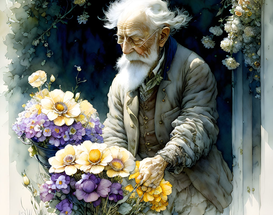 Elderly Man Arranging Yellow and Purple Flowers in Soft Light