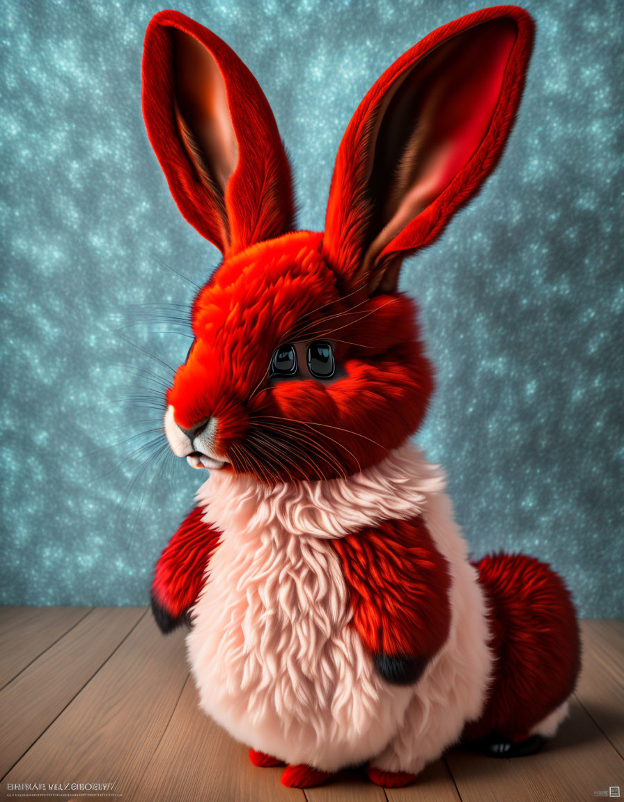 Red and White Fluffy Bunny with Black Sunglasses on Teal Background