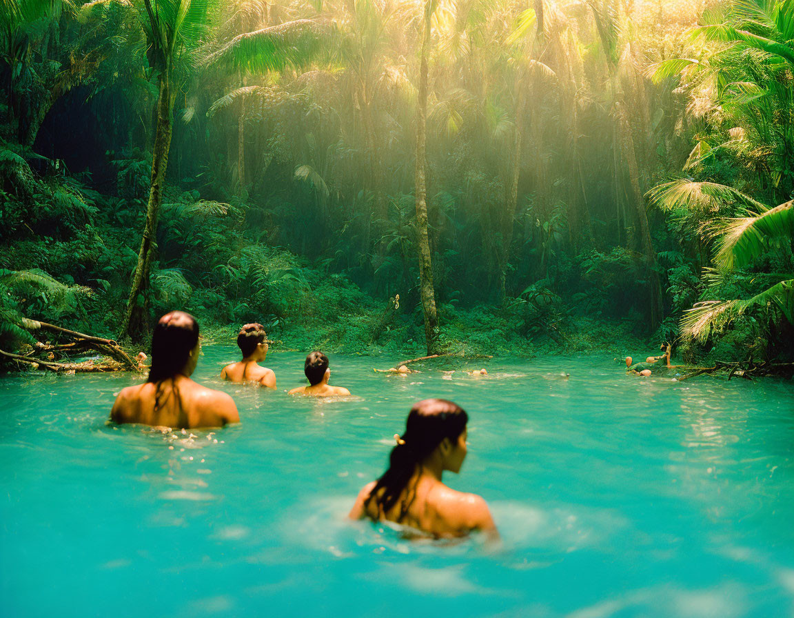 Four people swimming in tropical forest hot spring surrounded by lush greenery