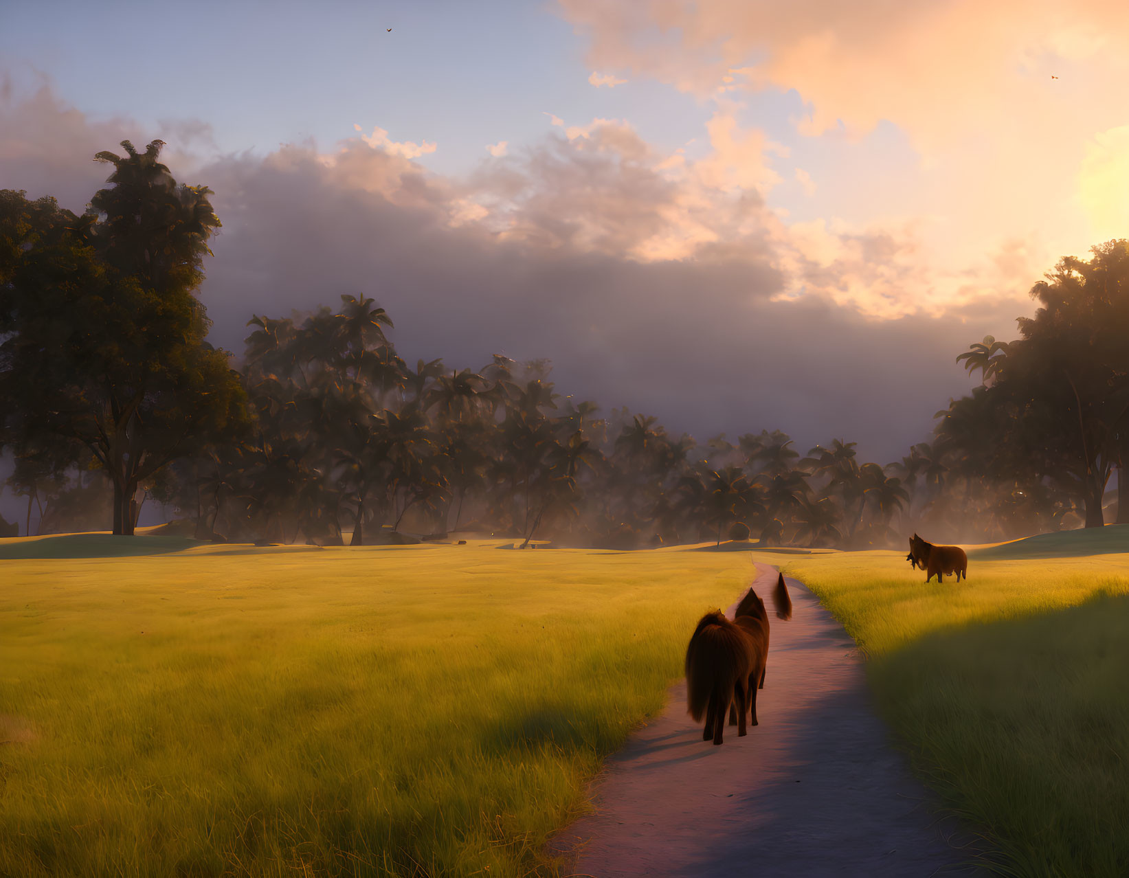 Tranquil horse walking in golden field at sunrise