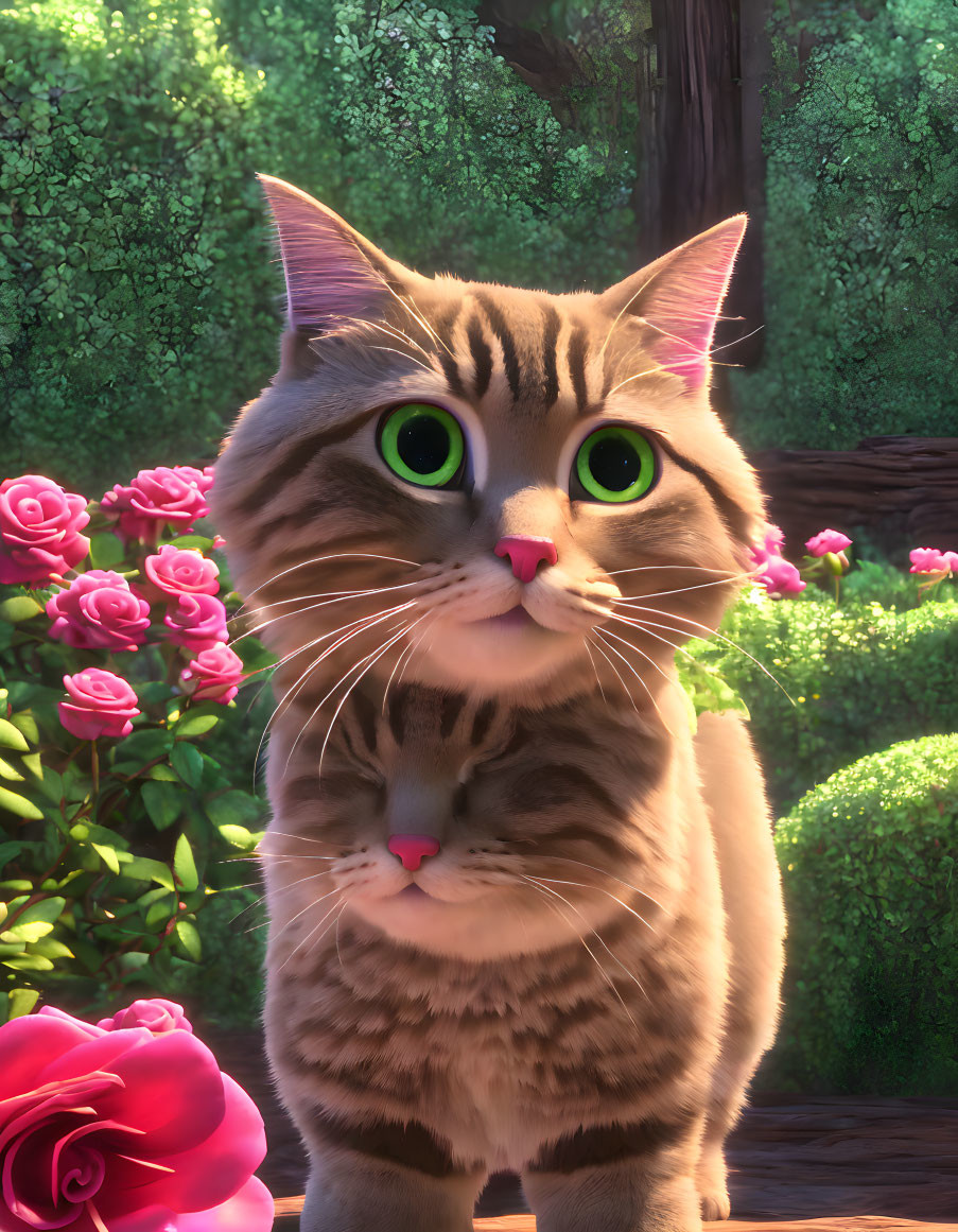 Animated Cat with Striking Green Eyes in Sunlit Garden