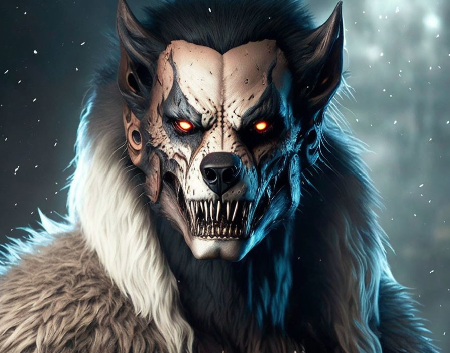 Menacing Werewolf with Glowing Red Eyes and Skull Mask on Starry Background