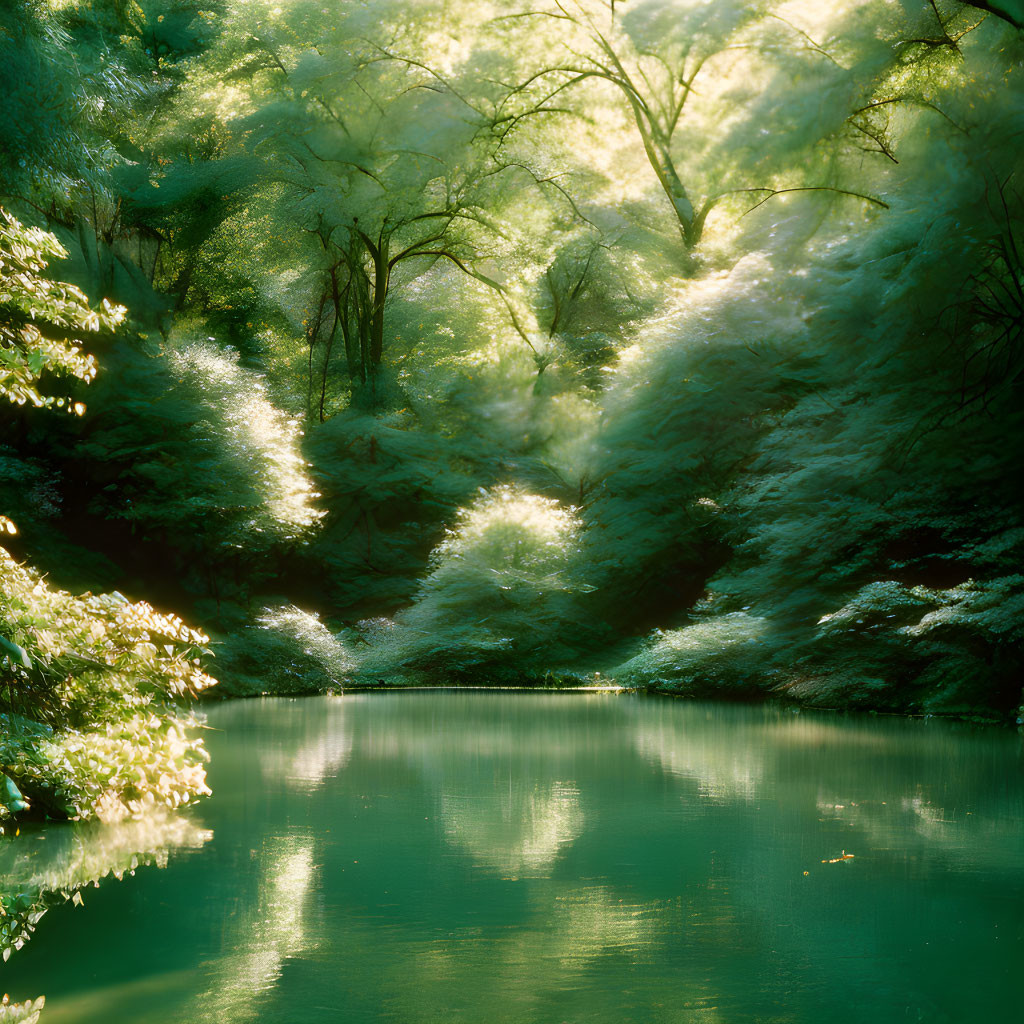 Tranquil Green Forest with Sunlight and River Reflections