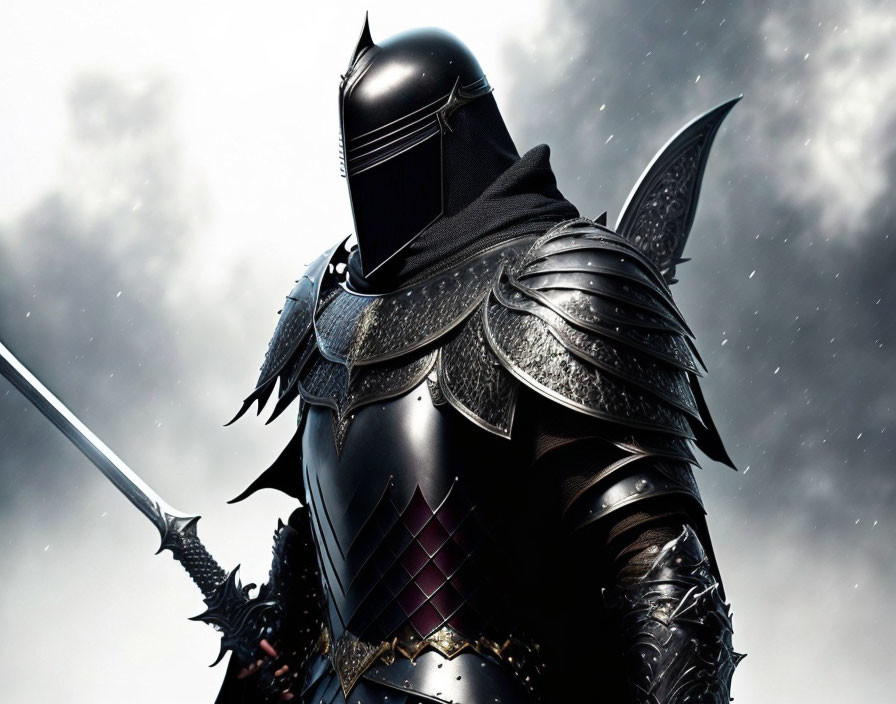 Dark, Ornate Knight in Armor with Menacing Sword under Cloudy Sky