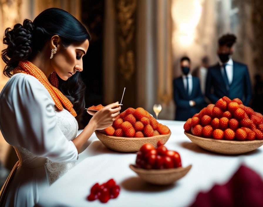 Traditional Attire Woman with Strawberries and Conversing Men