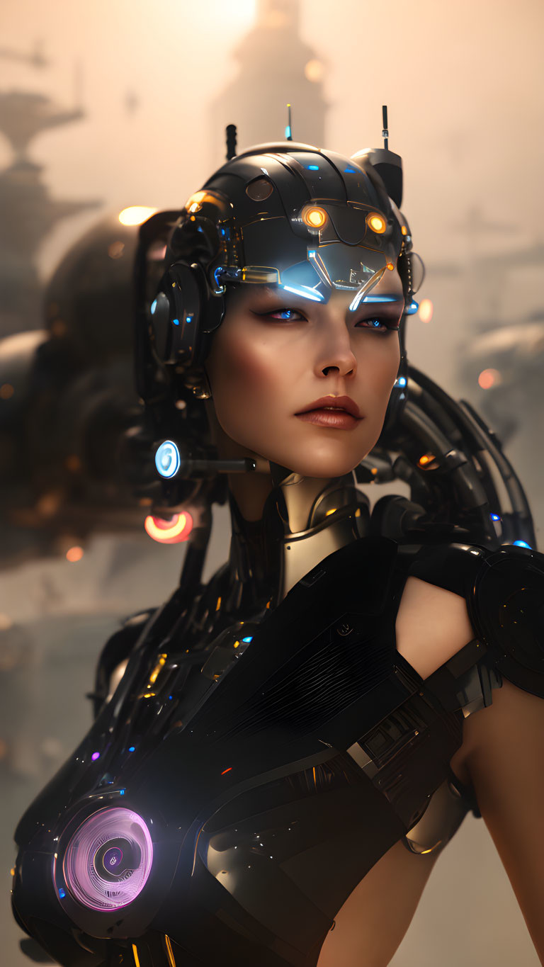 Hyper-realistic female android with illuminated cybernetic implants in futuristic cityscape