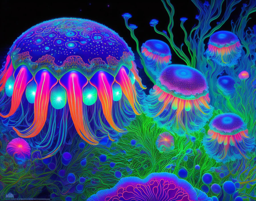 Colorful Neon Jellyfish Digital Art on Dark Background