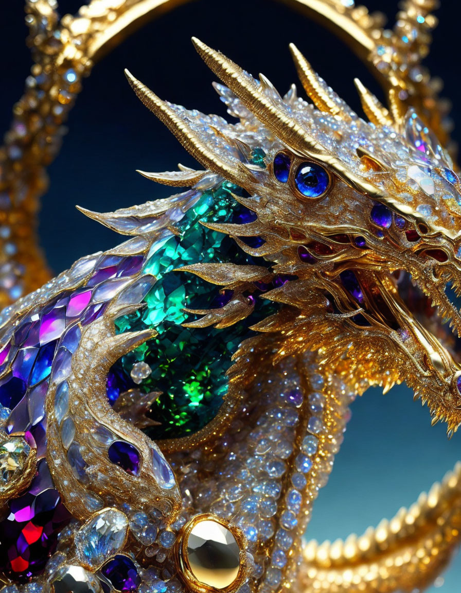 Golden jeweled dragon figurine with intricate details and fierce expression on blue background.