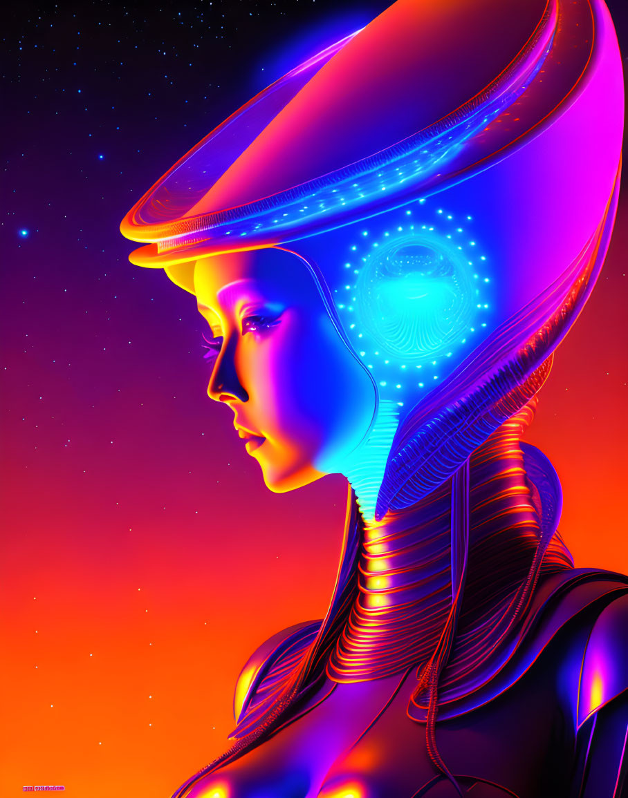 Futuristic female android with glowing helmet on starry background