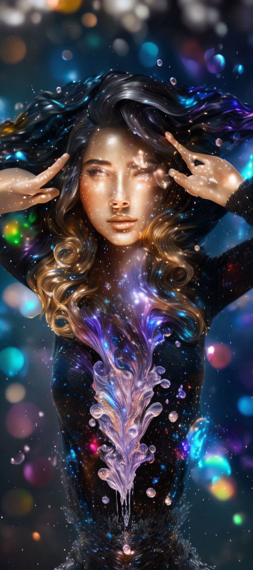 Woman with cosmic elements in hair and body surrounded by colorful nebulae and stars