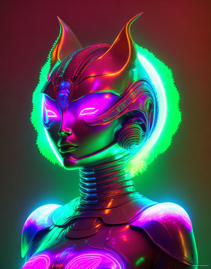 Digital artwork: Female figure in futuristic armor with neon lights